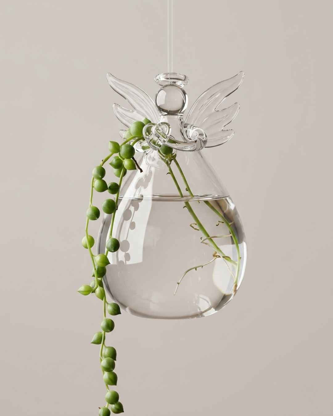 Florero Angel en vidrio con planta de abundancia