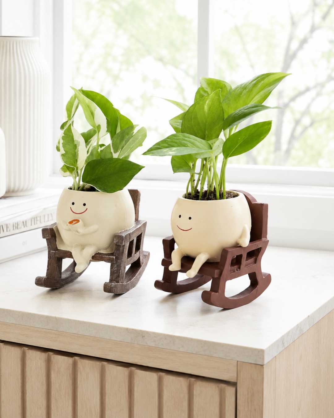 Maceta sonriente  en mecedora con planta incluída